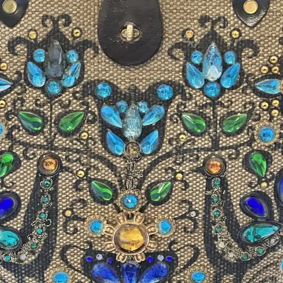 VTG 1964 Enid Collins Purse Pavan Pheasant Peacock Blue Jewels Wooden Bucket